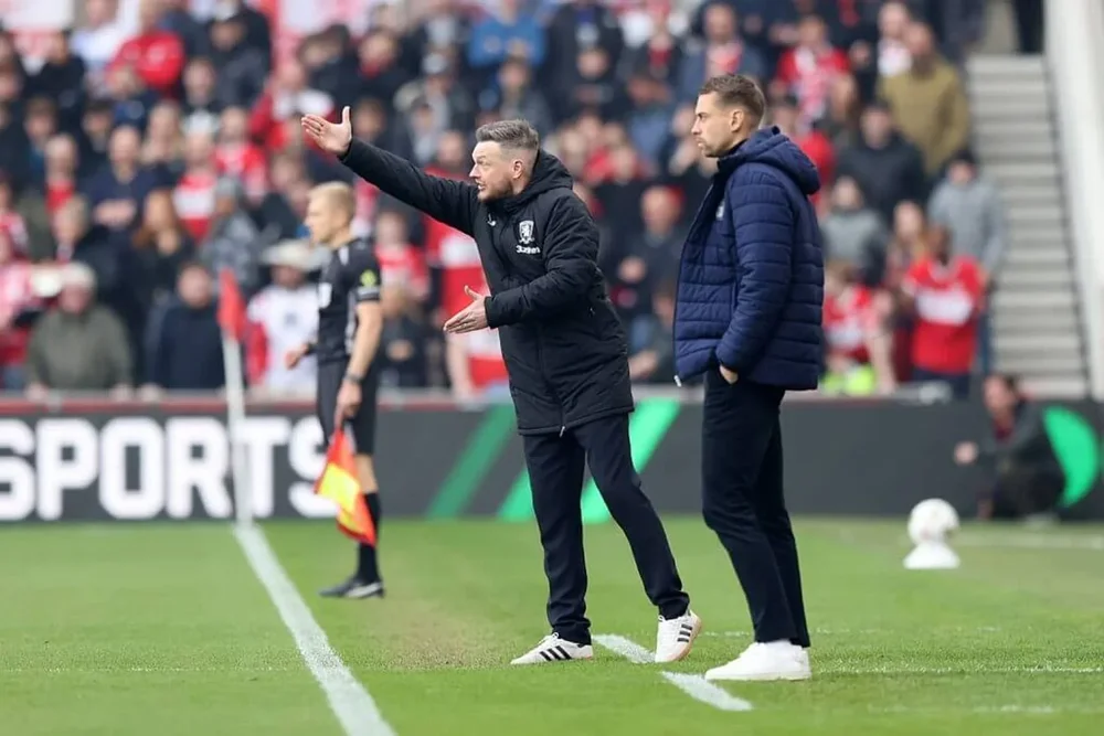 Kim Hellberg and Tonda Eckert on the touchline at the Riverside stadium